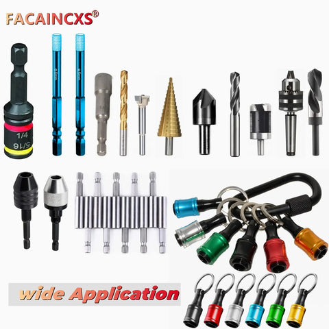 Six Color Drill Extension Bit Holder That Keeps All Your Bits In One Handy Clip With A One Quarter Inch Hex Shank Aluminum Alloy Build Screwdriver Bits Holder Extension Bar Drill Adapter Perfect Portable Gift For Men display with various bits.