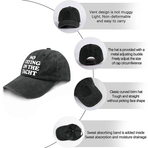 No Crying On The Yacht Trucker Hat For Son Funny Nautical Cap With Adjustable Strap, black hat with front text design.