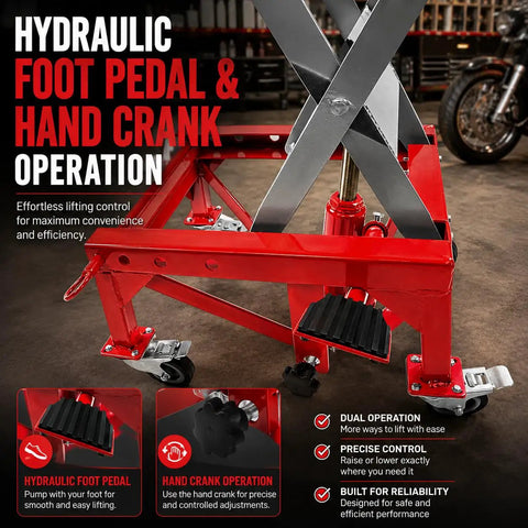Heavy Duty Hydraulic Motorcycle Scissor Lift Jack 300 Lb Capacity Foot Operated Mini Lift Table With Crank For Dirt Bikes Atvs Badass Garage Shop Tool