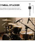 Premium Threaded Cymbal Stacker Mount Boom Arm With Sleeve Clutch For Electronic Drum Set seen in studio with drums and microphone.