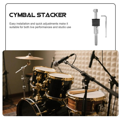 Premium Threaded Cymbal Stacker Mount Boom Arm With Sleeve Clutch For Electronic Drum Set seen in studio with drums and microphone.