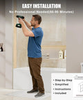 Man installing Frameless Sliding Bathtub Shower Door 60 X 60 Inch with Clear Tempered Glass in bathroom using a drill.