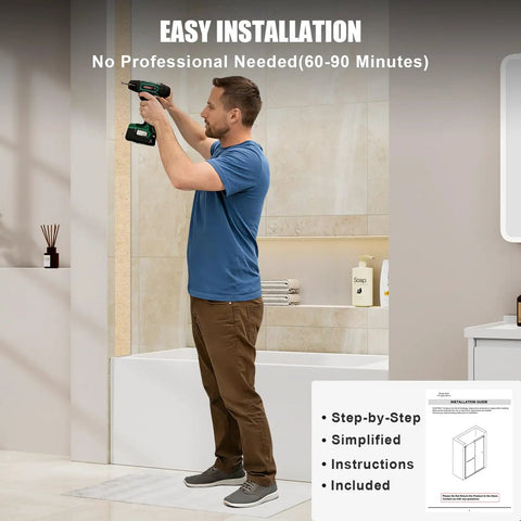 Man installing Frameless Sliding Bathtub Shower Door 60 X 60 Inch with Clear Tempered Glass in bathroom using a drill.