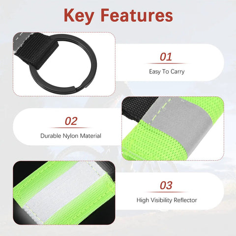 Key features of Four Pack Fluorescent Green Reflective Safety Pendants for cycling with nylon material and high visibility reflector.