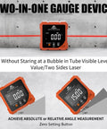 Pro Grade Digital Angle Finder With Laser displaying angle measurement on wall with visible laser lines, orange color