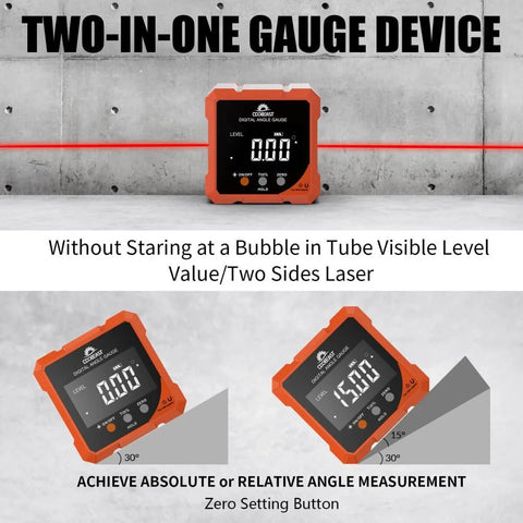 Pro Grade Digital Angle Finder With Laser displaying angle measurement on wall with visible laser lines, orange color