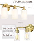 Comparison of two farmhouse style bathroom vanity light fixtures; one with brushed gold finish, milk white glass shades, and the second with champagne gold finish, clear glass shades for a dope vintage vibe in your bath or powder room E26 base compatible durable metal build easy install.