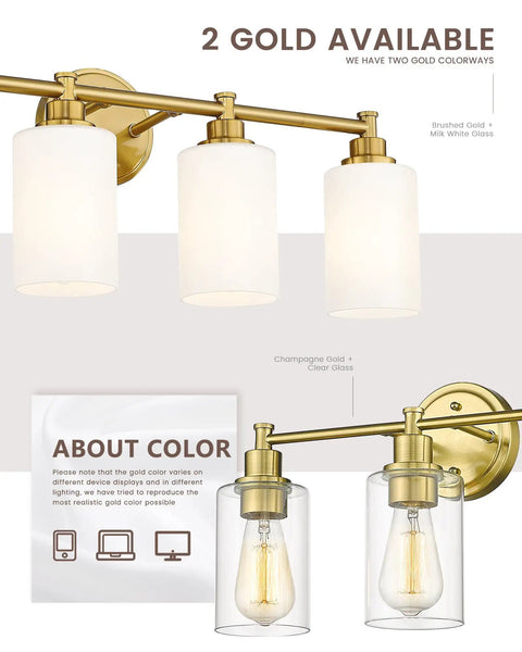 Comparison of two farmhouse style bathroom vanity light fixtures; one with brushed gold finish, milk white glass shades, and the second with champagne gold finish, clear glass shades for a dope vintage vibe in your bath or powder room E26 base compatible durable metal build easy install.