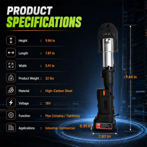 Heavy Duty 18V Cordless Copper Crimper With 24KN Force specifications showing height, length, and material details in high-carbon steel.