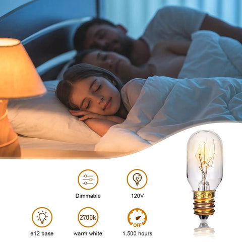 Himalayan Salt Lamp Bulbs Pack Of 12 T20 25W Incandescent Warm White 2700K 120V E12 Candelabra Base in a cozy bedroom setting