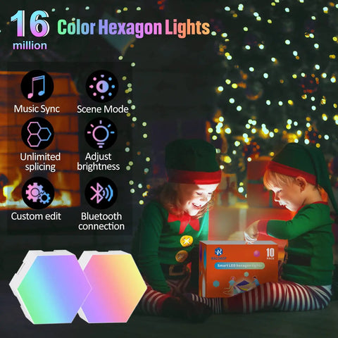 Children in elf costumes with Hexagon LED Wall Panels With App Control And Music Sync, RGB Hex Tiles package in decorated room