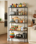 5-Tier Wire Shelf Storage Rack In Black, Heavy-Duty Steel, 36 x 14 x 72 Inch, Handles Up To 250 Lbs Per Level, 1250 Lbs Total Capacity, Perfect Kitchen Or Garage Organizer For Real Go-To Storage Power. Black 5-tier wire shelf in kitchen holding pantry items and cookware.