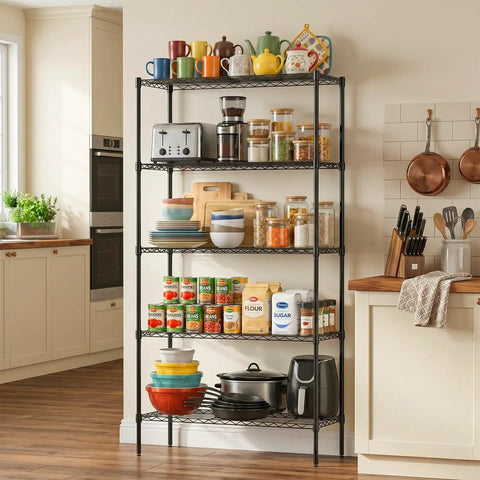 5-Tier Wire Shelf Storage Rack In Black, Heavy-Duty Steel, 36 x 14 x 72 Inch, Handles Up To 250 Lbs Per Level, 1250 Lbs Total Capacity, Perfect Kitchen Or Garage Organizer For Real Go-To Storage Power. Black 5-tier wire shelf in kitchen holding pantry items and cookware.