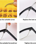 Steps using One Stop Magnetic Eyeglass Repair Kit With Magnetic Screws, 14 Sizes, 9 Nose Pads, Curved Tweezer, Precision Screwdriver Set