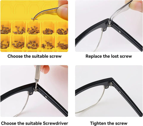 Steps using One Stop Magnetic Eyeglass Repair Kit With Magnetic Screws, 14 Sizes, 9 Nose Pads, Curved Tweezer, Precision Screwdriver Set