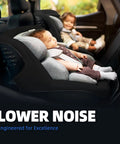 Infants seated in rear car seats demonstrating a quiet ride focus on comfort and safety.