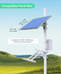 Heavy Duty Pole Mount Bracket For Solar Panels 50W To 150W With Adjustable Tilt shown on a pole in a green field landscape.