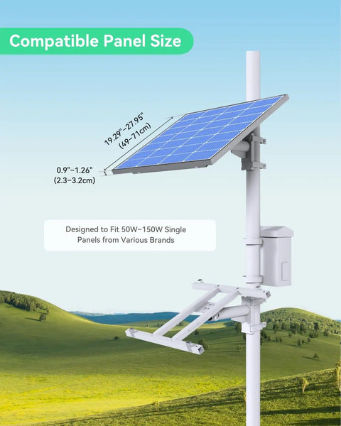 Heavy Duty Pole Mount Bracket For Solar Panels 50W To 150W With Adjustable Tilt shown on a pole in a green field landscape.
