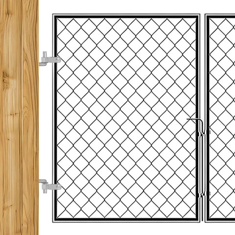 4-piece galvanized steel farm gate hinge kit installed on wooden post with chain-link gate and 5/8 in pins