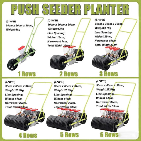 Adjustable Manual Vegetable Seeder Hand Push Seed Planter Easy To Use For Small Seeds Carrot Spinach Lettuce Soybean Peanut Garden Tool With Depth Adjustment From Zero To Five Centimeters For Precise Sowing In Backyard Or Farm Two Row And Spacing displayed in six configurations from one to six rows.