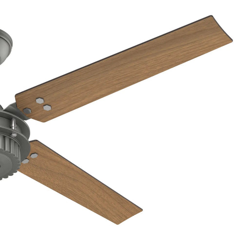 Big 54 Inch Matte Silver Ceiling Fan For Indoor And Outdoor Living With Reversible Walnut Blades, close-up angle