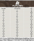 Size chart for Furian steel toe work boots for men and women, US and EU sizes listed.