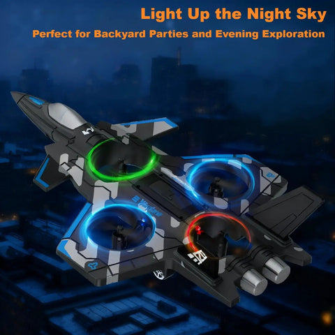 F47 RC Fighter Drone For Kids with LED lights on rooftop, camo pattern, altitude hold remote control jet for boys and girls