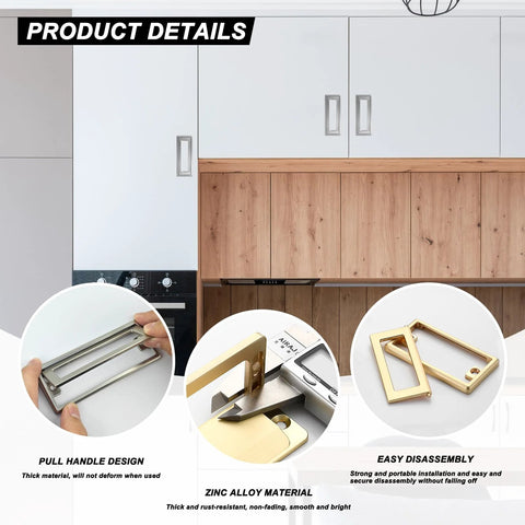 Product details of Two Pack Black Square Recessed Flush Door Pulls For Cabinets And Drawers, showing design and zinc alloy material features.