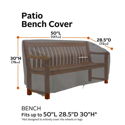 Ravenna Water Resistant 50 Inch Patio Loveseat Cover For Outdoor Furniture, Heavy Duty Weatherproof Shield With Gardelle One Fabric, UV Protection, Fits 50L by 28.5D by 30H, Two Year Limited Warranty shown on wooden bench.