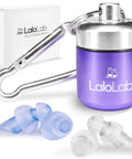 Two Sizes Sleep Ear Plugs For Snoring And Travel, Comfortable Reusable Noise Cancelling Earplugs With Up To 28 dB NRR, Small And Medium Fits For Work Or Bedtime, Case And Gift Box Included, 2 Pairs shown with purple carrying case and box