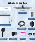 Components of the 10 Inch Rainfall Filtered Shower Head With Handheld, High Pressure Matte Black Shower System with labels