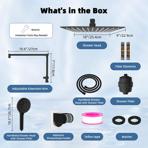 Components of the 10 Inch Rainfall Filtered Shower Head With Handheld, High Pressure Matte Black Shower System with labels