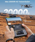 Person controls Dope 4K GPS Drone With 2 Axis Gimbal, Remote ID, 30FPS Cam, Follow Me using a remote over a desert landscape.