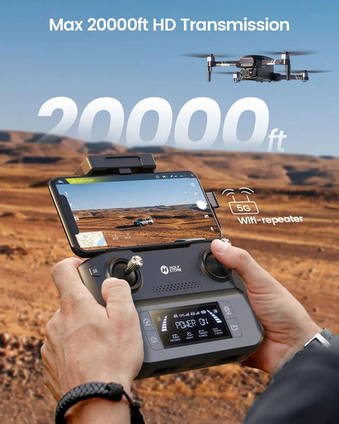 Person controls Dope 4K GPS Drone With 2 Axis Gimbal, Remote ID, 30FPS Cam, Follow Me using a remote over a desert landscape.