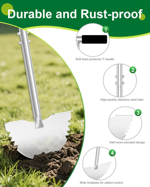 Serrated Edger Lawn Tool With Half Moon Shovel And T Handle 38 Inch Rust Proof Ergonomic Edging Tool diagram and features