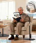 5X Real Glass Floor Magnifier With Light And Stand near man reading, adjustable gooseneck and heavy base visible