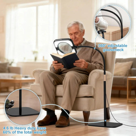 5X Real Glass Floor Magnifier With Light And Stand near man reading, adjustable gooseneck and heavy base visible