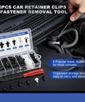 Hella Sturdy Auto Bumper Clip Kit With 120 Pieces In Six Essential Sizes Includes Bonus Fastener Puller Tool, assorted clips in storage box.