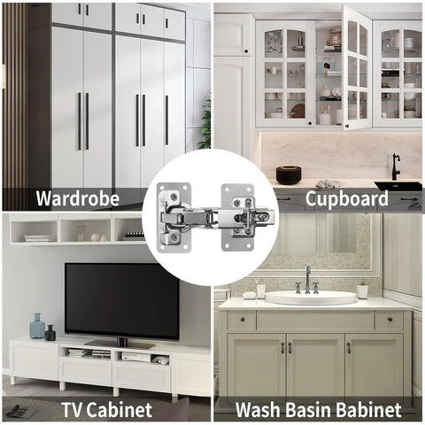 Cabinet Hinge Repair Plate Kit With Stainless Steel Fixing Plates For Cupboard Doors, Rust Resistant, No Sweat Install shown in use on various cabinets