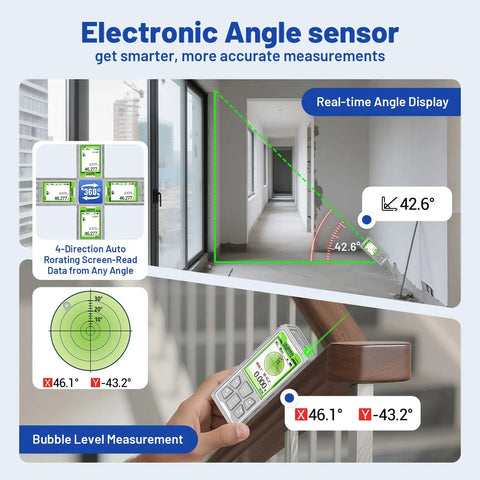 Outdoor Long Range Green Laser Measure With Camera And Bluetooth, 260 Feet Range, P2P Technology, IP68 Rugged, Free App Included, Micro USB Cable, Hand Strap And Pouch, Accuracy Within One Sixteenth Inch angle sensor screen