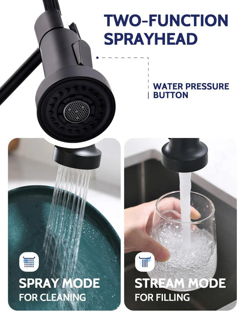 Kitchen Faucet With Pull Down Sprayer And Soap Dispenser, showing spray and stream modes for cleaning and filling