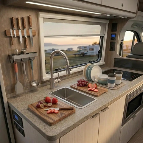 Undermount 10 x 17 Inch Bar Sink, 16 Gauge Single Bowl Handmade Stainless Steel Kitchen Sink in a camper van kitchen with accessories.