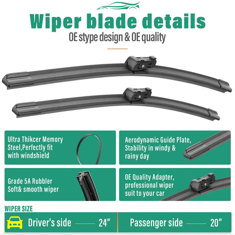 Volvo Windshield Wiper Blades Replacement Set details showing 24 inch driver and 20 inch passenger side with features.