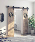 7 Foot Double Barn Door Hardware Kit With Smooth Quiet Sliding Track Easy Install for 21 Inch Wide Door Panel installed in living room.