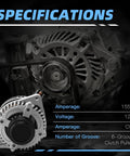 Power Up Your Ride With This 14V 130A Alternator For Honda Ridgeline 2017-2020 Odyssey 2018-2020 Pilot 2016-2020 Passport 2019-2020 And Acura MDX 2014-2020 3.5L V6 Replacement Replaces 31100-5J6-A51 311005J6A01 104211-8510; front view showing specifications.