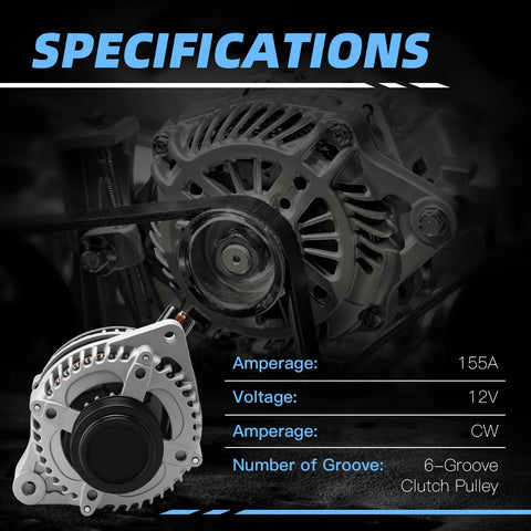 Power Up Your Ride With This 14V 130A Alternator For Honda Ridgeline 2017-2020 Odyssey 2018-2020 Pilot 2016-2020 Passport 2019-2020 And Acura MDX 2014-2020 3.5L V6 Replacement Replaces 31100-5J6-A51 311005J6A01 104211-8510; front view showing specifications.