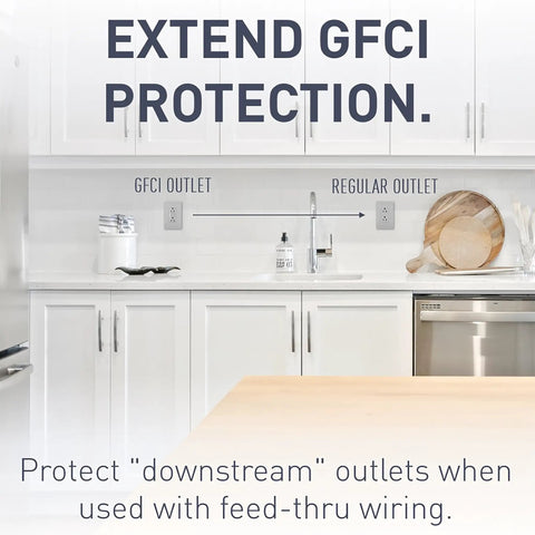 Heavy Duty GFCI Self Test Outlet 20 Amp Tamper Resistant Decorator Duplex Receptacle with Bright Trip Indicator in kitchen setting.