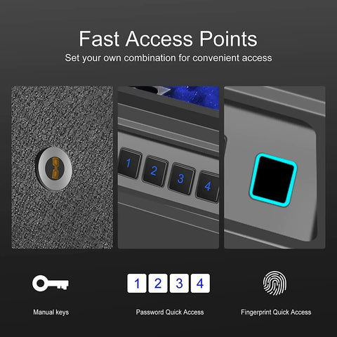Access points of Biometric Gun Safe For Two Pistols, Slide Away Drawer Safe With Grab-And-Go Quick Access Biometric Scanner, keypad, keyhole.