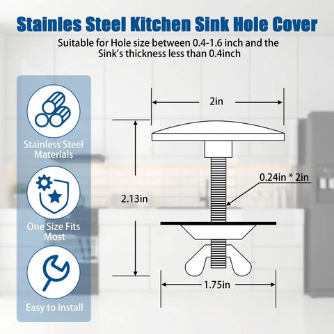 Stainless Steel Kitchen Sink Hole Cover Plugs 2 inch size for standard counter openings, water resistant design.