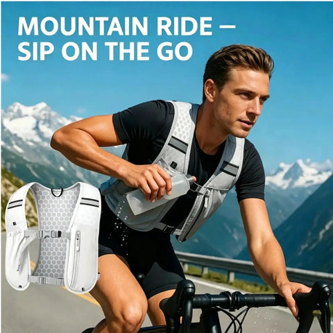 Cyclist with Lightweight Unisex Running Vest With Phone Pocket And Hydration Pack Adjustable Breathable Trail Gear